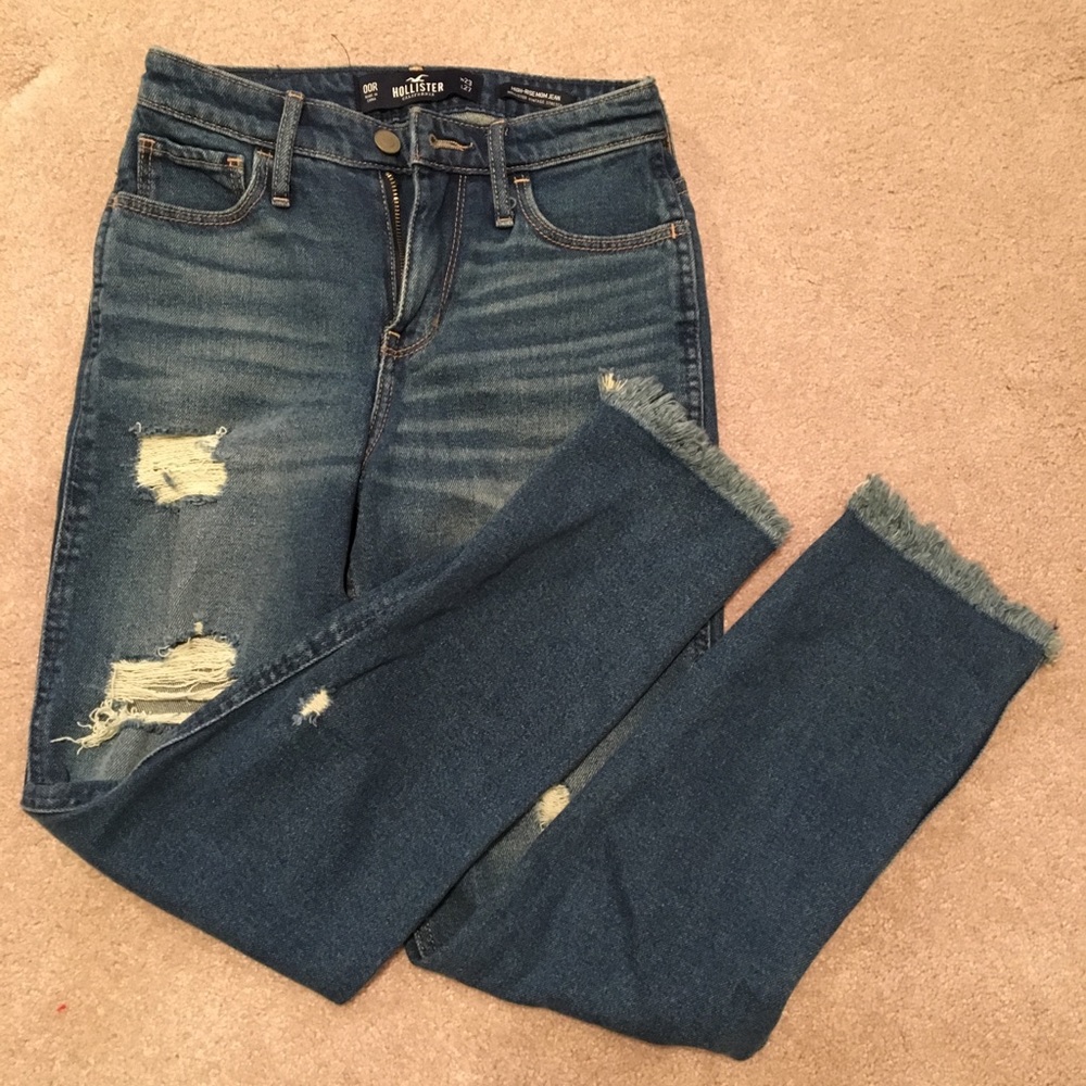 women’s hollister ripped dark wash mom jeans